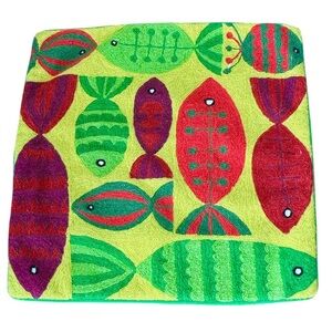 Wool Embroidered Fish Pillow Covers Set of 2 Multi Vibrant 18 X 18 Hidden zipper